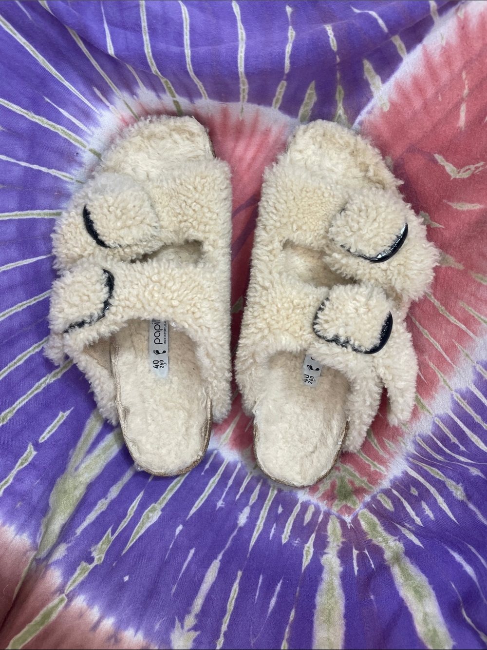 Papillio  Cream Fuzzy Double-Buckle Slide Sandals Ladies Sz 9
